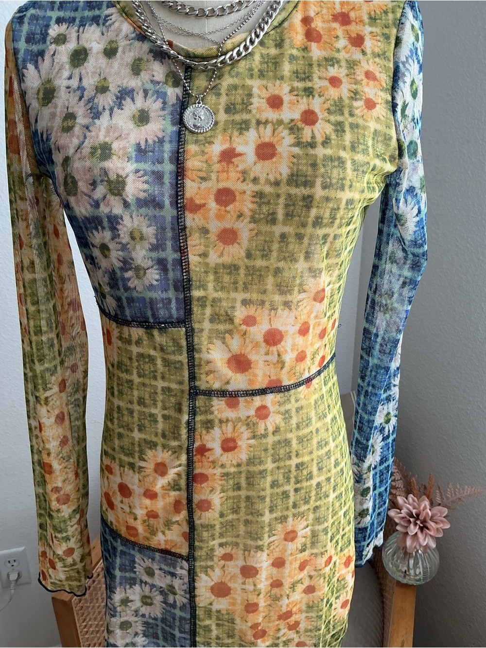 Altar'd State Boho Floral Patchwork Mesh Mini Dress - Green/Blue/Yellow - Picture 3 of 8